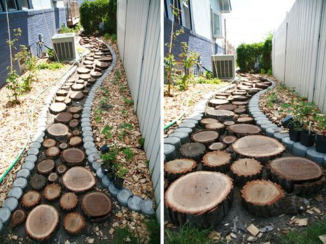 How to make a recycled wood slice garden pathway. Easy and gorgeous! Rectangular Pavers, Preschool Environments, Wood Pathway, Diy Pathway, Stepping Stone Walkways, Wood Walkway, Wood Path, Garden Pavers, Backyard Walkway