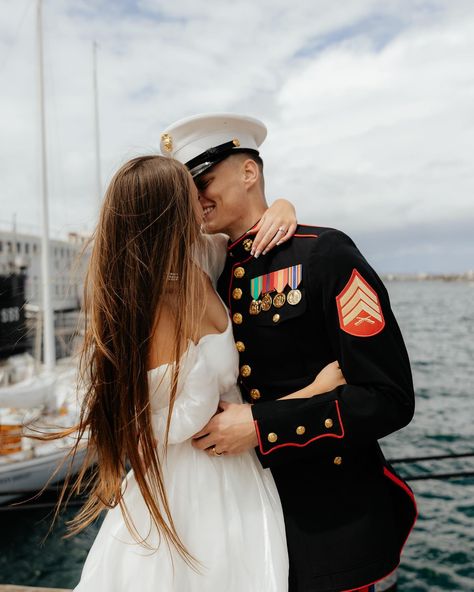 my favorite part about photographing this sweet elopement was watching tourists at the harbor take pictures of Chloe & Caedon because it felt like they were witnessing a scene out of the movie Purple Hearts in real life! I mean, the dress blues, her dress, are you kidding?! A classic San Diego military love story 🇺🇸🥹🫶🏼 • • #militarycouple #campendletonphotographer #homecomingphotographer #sandiegomilitary #socalweddingphotographer #socalengagement #socalwedding #socalproposal #socalcouplesp... Marine Photoshoot, Marine Girlfriend Pictures, Marine Husband, Coast Guard Wedding, Marine Corps Wedding, Marine Photography, Military Guys, Marine Girlfriend, Military Couple