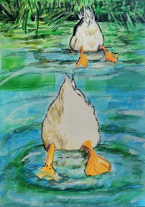 Gouache painting of duck butts. White Duck Painting, Duck In Water Painting, Duck Painting Cute, Duck Pond Painting, Abstract Duck Painting, Painting Ideas Duck, Funny Watercolor Paintings, Duck Pond Drawing, Bathroom Paintings Canvas