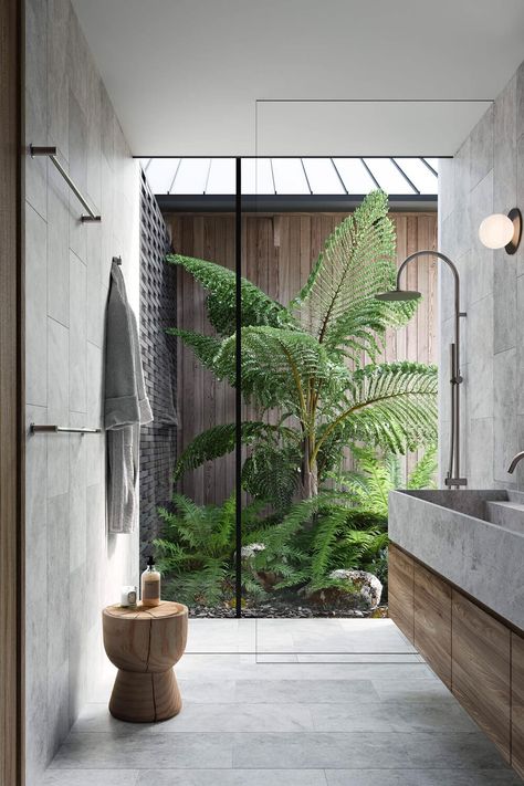 Grey bathroom tiles with a view to backyard landscape Skylight Bathroom, Coral House, Tropical Bathroom, Bathroom Design Trends, Internal Courtyard, Luxury Shower, Curved Walls, Bathroom Windows, House Bathroom