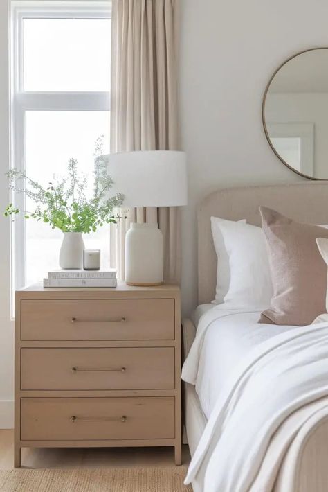 25 Modern Beige Bedroom Ideas for a Warm and Sophisticated Look Beige Fabric Headboard Bedroom, Neutral Tones Bedroom Nightstand, Beige Master Room Aesthetic, Affordable Nightstand Neutral Bedrooms Warm Tone, Beige Modern Bed, Beige Bedside Tables, Beige Upholstered Headboard, Beige Dressers, Beige Upholstered Bed