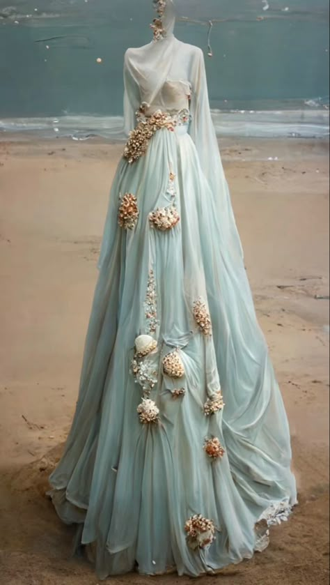 Ocean Inspired Ball Gown, Ocean Fashion Inspiration, Prom Dresses Ocean Theme, Summer Court Aesthetic Dress, Sea Themed Wedding Dress, Beach Themed Dress, Ocean Ball Gown, Sea Themed Costumes, Summer Court Outfit Acotar