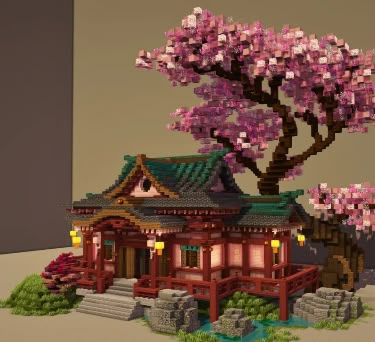 Minecraft Building Ideas Minecraft Japanese Temple, Cherry Temple, Minecraft Temple, Minecraft Japanese House, Minecraft Japanese, Minecraft Decoration, Rumah Minecraft Sederhana, Minecraft Banner Designs, Bangunan Minecraft