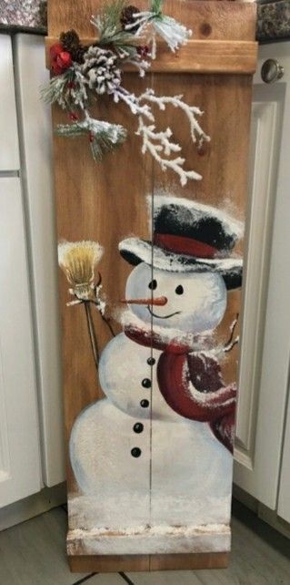 Painted Christmas Trees On Wood, Painted Christmas Boards, Painted Sleds, Snowman Painting On Wood Diy, Christmas Paintings On Wood, Snowman Painting On Wood, Snowmen Paintings On Wood, Hand Painted Snowman On Wood, Snow Man Painting On Wood