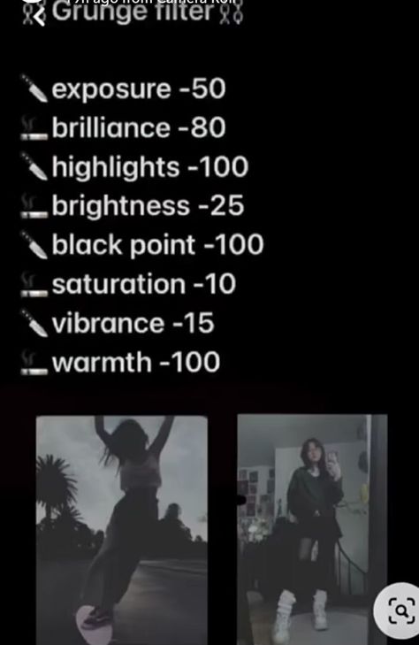 Iphone Camera Edit Dark, Camera Filter Settings, Grunge Aethstetic, Iphone Camera Filters, Iphone Photo Edit Settings, Filter Settings, Winx Cosplay, Grunge Photos, Filter Ideas