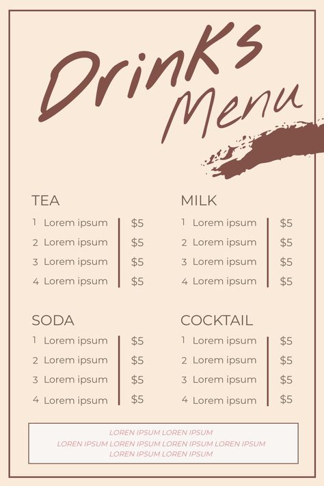 This menu template is great starting point for your next campaign. It is professional and earn you more attention, clicks, and customers. Menu Drink Design, Menu Drink, Drink Design, Restaurant Menu Design, Drinks Design, Drink Menu, Menu Items, Menu Template, Menu Ideas