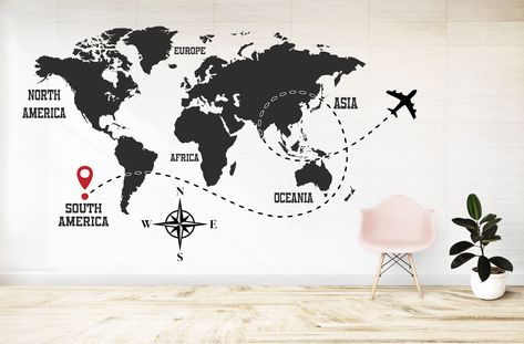 vinilo decorativo mapamundi World Map Painting, Travel Room, Office Wall Design, Wall Murals Diy, Aviation Decor, World Map Decor, House Wall Design, Planet Design, World Map Wallpaper