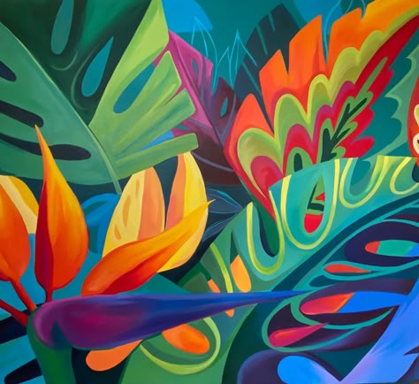 Finished up this 5 x 7' commission today. Can't wait to see it in its new home! #bigart #brookpageart #acrylicpainting #tropicalart #brookpage Tropical Bar Ideas, Tropical Colour Palette, Abstract Tropical Art Paintings, Tropical Plants Painting, Tropical Graffiti, Tropical Cabin, Plant Mural, Costa Rica Art, Tropical Bar