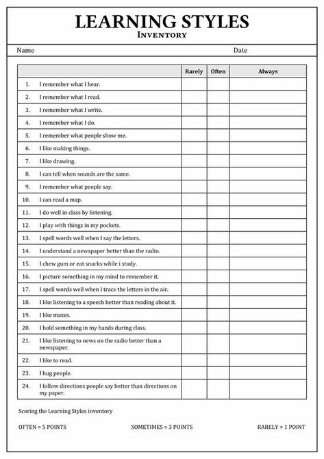 Printable Learning Styles Inventory Worksheet Mentoring Worksheets, Self Assessment For Students, Printable Personality Test, Learning Styles Survey, True Colors Personality Test, Learning Styles Activities, Learning Style Quiz, Study Skills Worksheets, Learning Style Inventory