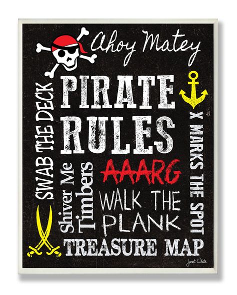 The Kids Room By Stupell Wall Decor, Pirate Rules Typography Pirate Theme Bedroom, Pirate Escape Room, Pirate Sayings, Pirate Room Ideas, Work Halloween Ideas, Pirate Pool Party, Camp Decorations, Modern Wall Canvas, Pirate Nursery