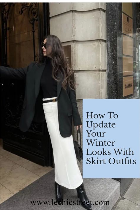 How To Update Your Winter Looks With Skirt Outfits. Update your winter wardrobe with winter skirt outfit. All of these outfits are winter skirt outfit casual and they are perfect winter skirt outfits with boots. All of these winter skirt fashion can be all for all winter occassions. #winterskirtoutfits #winterskirtoutfit #winterskirtoutfitcasual #winterskirtfashion Winter White Skirt Outfit Ideas, Shoes To Wear With Skirts Winter, Casual Winter Skirt Outfits, White Winter Skirt Outfit, Mini Skirt Outfit Classy, Cream Skirt Outfit Winter, Skirt Outfit Winter, Winter Outfits With Skirts, White Skirt Winter