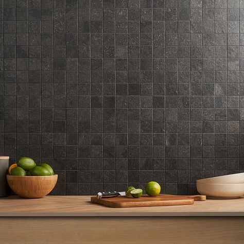 Acadia Charcoal Black 2x2 Matte Porcelain Mosaic Tile | Tilebar.com Black Matte Backsplash, Charcoal Tile Backsplash, Basement Bar Tile Backsplash, Tile With No Grout Lines, Dark Gray Backsplash Kitchen, Dark Grey Backsplash Kitchen, Industrial Washroom, Charcoal Backsplash, Kitchen With Black Backsplash