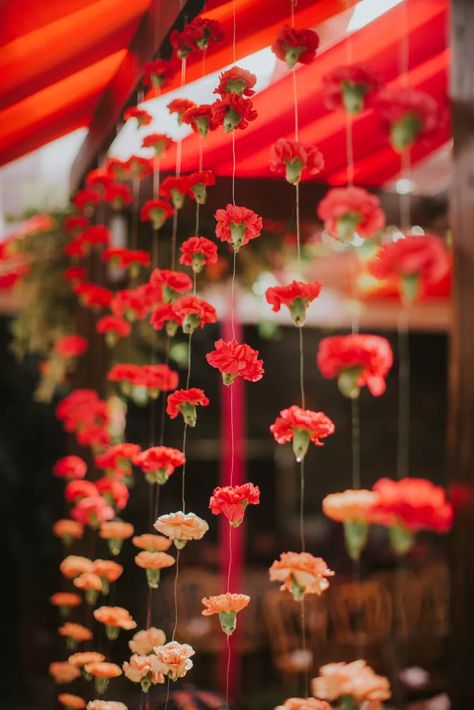 Ombré Carnations Hanging from a Traditional Mandap Indian Wedding Flowers, Desi Wedding Decor, Mehndi Decor, Strictly Weddings, Wedding Mandap, Wedding Stage Decorations, Stage Decorations, Hindu Wedding, Wedding Mood Board