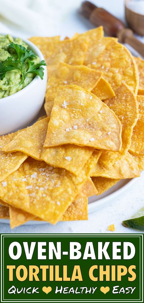 Healthy Tortilla Chips, Baked Corn Tortillas, Vegan Chips, Healthy Tortilla, Tortilla Chip Recipe, Baked Tortilla Chips, Homemade Tortilla Chips, Homemade Chips, Baked Corn