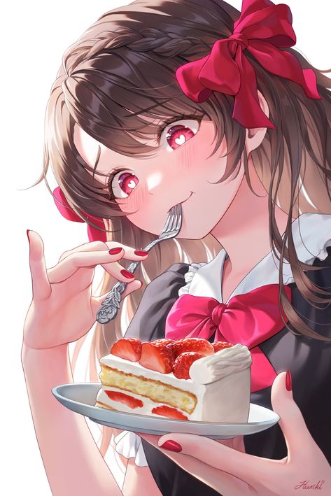 Anime Cake, Girl Eating, Cake Drawing, Sweet Drawings, Anime Head, Anime Cat, Cat Girl, Anime Inspired, Anime Poses