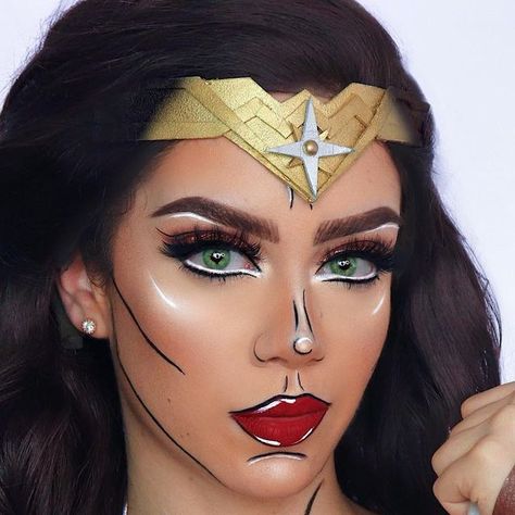 👑Karen de la Torre on Instagram: "⭐️ “It's Not About What You Deserve; It's About What You Believe.” - Wonder Woman 🦸🏻‍♀️ ___ Shout out to my friend @debra_jenn who did an amazing Wonder Woman look first that inspired me to finally do mine after being on my list for the past two Halloweens lol ___ Fun fact: I hand made a whole Wonder Woman costume about 3 years ago for Halloween but I redesigned it into something completely different last year to make my @nyxcosmetics #faceawards 1st challenge costume. However, I had the headpiece that I’m wearing here still left 🙌🏻 made it all with foam sheets, spray paint and hot glue. ___ PRODUCTS/ PRODUCTOS: ⭐️ @beautycreations.cosmetics lashes in “shade”/ pestañas ( Use code “KLAMOUR” 💰) ⭐️ @ilmakiage Woke up like this foundation in 040/ base d Wonder Woman Pop Art Makeup, Wonder Woman Comic Makeup, Super Hero Makeup Women, Wonder Woman Makeup Halloween, Hot Halloween Makeup Looks, Superhero Makeup, Halloween Women Makeup, Comic Makeup, Halloween Maquillage