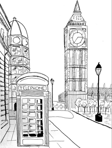 London Telephone Booth Drawing, City Architecture Drawing, Simple City Drawings, Art City Drawing, Drawing Of London, City Pen Drawing, London Aesthetic Drawing, Drawing Buildings Sketch Easy, London City Drawing