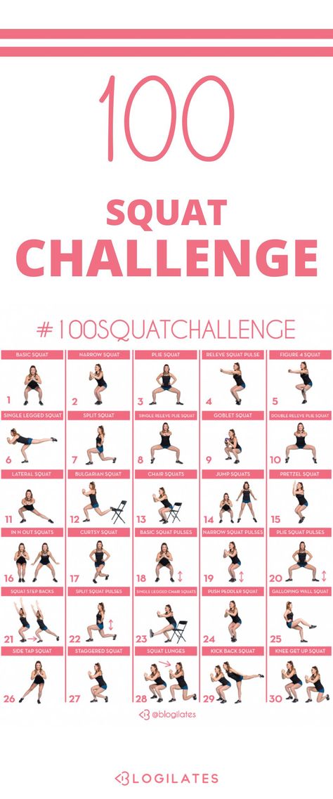 Join us for the 100 squat challenge, doing 100 reps of squats each day and try 30 different types of squats to strengthen your legs! Try this butt workout and leg workout and more, see Blogilates.com for the full calendar! Different Squats Types And What They Do, Different Squats Types, 100 Squats A Day Challenge, Type Of Legs Shape, 100 Day Squat Challenge, Squat Types Different, Squads For Glutes, Leg Squat Workout, Different Types Of Workouts