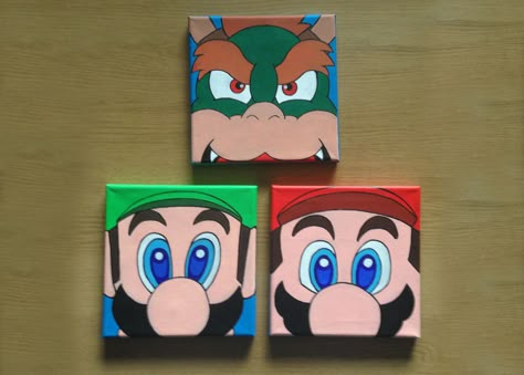 Super Mario Super Mario Canvas Painting Easy, Super Mario Painting Ideas, Super Mario Canvas Painting, Mario Painting Ideas, Mario Bros Painting, Mario Painting Canvases, Mario Canvas Painting, Super Mario Painting, Mini Canvas Art Diy