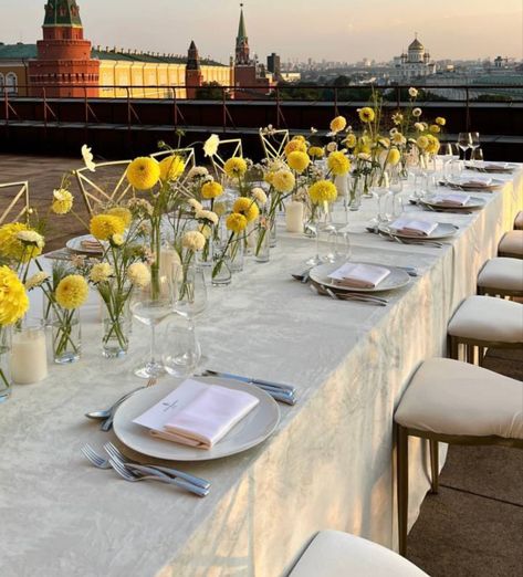 Yellow Tablecloth Wedding, Yellow Dinner Party, Yellow Table Setting, Yellow Wedding Table, Yellow Table Decor, Rectangle Table Decor, Long Table Reception, Pale Yellow Weddings, Yellow Restaurant