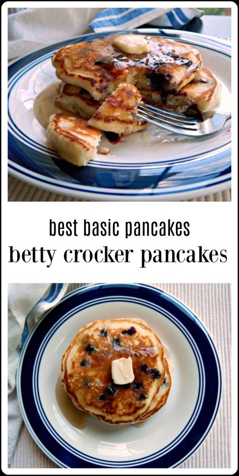 These Best Basic Pancakes, the original Betty Crocker Pancakes are so easy a child could make them (and did - my 10 year old daughter looked them up in my old cookbook) and are super fluffy, light and delish! I love that they don't use buttermilk. #BestPancakes #BestBettyCrockerPancakes via @www.pinterest.com/frugalhausfrau Pancake Recipe No Buttermilk, Betty Crocker Pancake Recipe, Pancake Recipe Without Buttermilk, Betty Crocker Pancakes, Basic Pancakes, Blueberry Pancakes Recipe, Blueberry Pancake, Blueberry Breakfast Cake, Fluffy Light