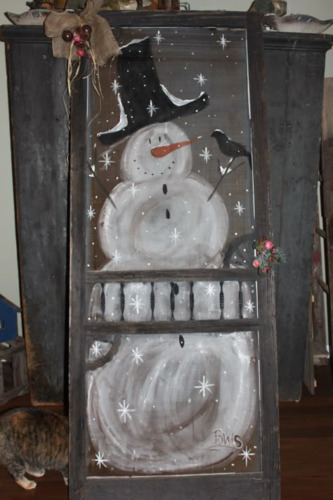 Hand painted snowman on old screen door original screen Painted Screen Door Ideas, Painted Screens Ideas, Screen Door Ideas Repurposed, Old Screen Doors Repurposed, Painting On Screens, Old Screen Door Ideas, Painted Screen Doors, Screen Door Projects, Painted Screens