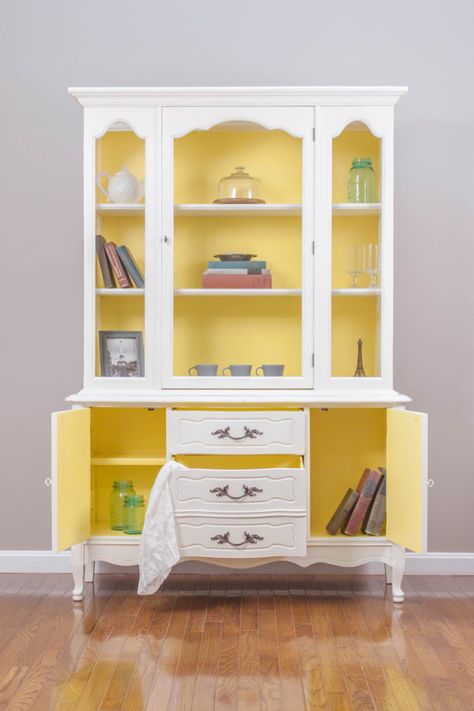 Yellow China Cabinet, German Apartment, Blessing Boxes, China Hutch Decor, Painted China Cabinets, Yellow French, Redo Cabinets, Hutch Makeover, Hutch Cabinet