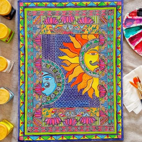 Madhubani painting Sun And Moon Madhubani Painting, Madhubani Drawing Easy, Madhubani Paintings Traditional, Traditional Madhubani Art, Madhubani Designs, Mithila Painting, Rajasthani Painting, Vivekananda Quotes, Butterfly Cake Topper