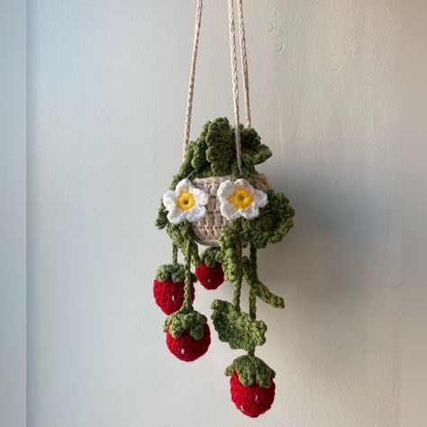 Handmade Crochet Strawberry Hanging Potted Plant Wall Decor Car Mirror Decor Crochet Room Decor Wall Hangings, Crochet Apartment Decor, Crochet Bedroom Decor, Photobooth Decoration, Photoshoot Decoration, Potted Plant Wall, Car Mirror Decor, Hanging Potted Plants, Crochet Room