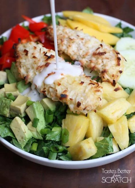 Coconut Chicken Tropical Salad with Creamy Pineapple Vinaigrette Caribbean Slaw, Coconut Crusted Chicken Tenders, Coconut Salad, Strawberry Cheesecake Salad, Coconut Crusted Chicken, Crusted Chicken Tenders, Spring Salad Recipes, Tastes Better From Scratch, Tropical Food