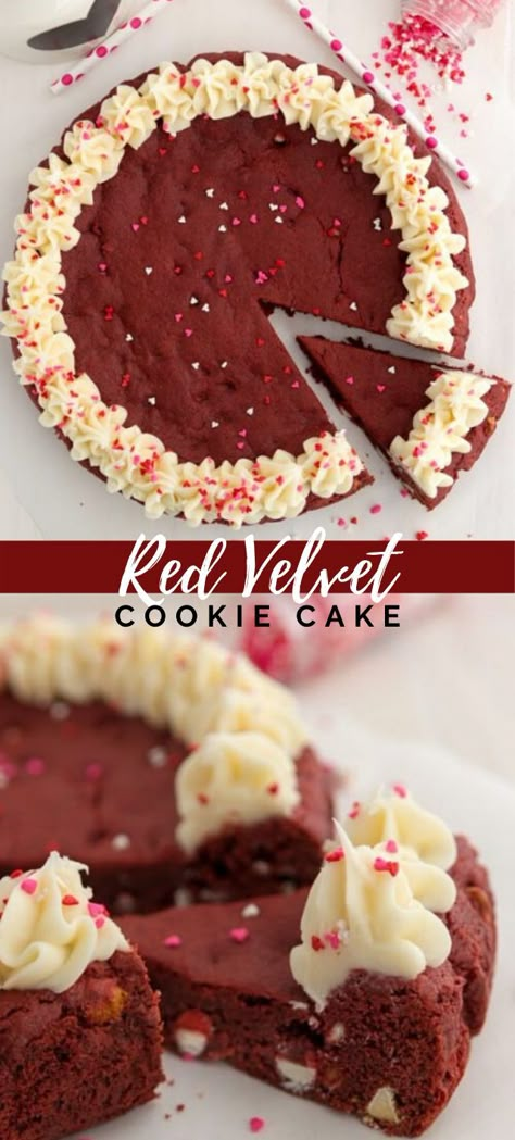 Red Velvet Recipes Desserts, Cookie Cake Valentines Day, Cookie Cake Christmas, Valentine Cookie Cake, Valentine’s Day Cookie Cake, Red Velvet Cookie Cake, Brownie Cookie Cake, Cookie Cake Decorating Ideas, Valentines Red Velvet