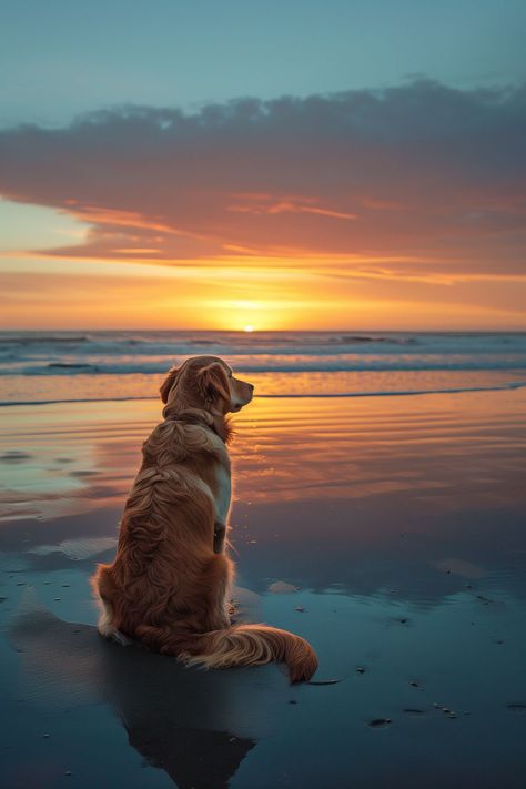 A golden retriever sits on the beach at sunset, gazing out at the ocean, the warm colors of the setting sun bathing it in a tranquil light. Golden Retriever Ocean, Golden Retriever Travel, Golden Retriever Puppy At The Beach, Golden Retriever Sleeping, Golden Retriever At The Beach, Iphones For Sale, Golden Retriever Sitting, Old Dogs, All Things Cute