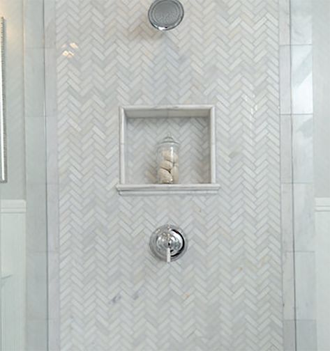 Herringbone shower tile design | herringbone shower wall tile | herringbone shower floor | herringbone shower niche | herringbone shower tile wall | herringbone shower tile with tub ideas | Our Herringbone Tile collection includes Carrara white, Bianco Carrara, Calacatta marble - 1"x2" mini herringbone, 1"x6" long herringbone, 1"x3" herringbone, mixed herringbone mosaic tiles. Shower Tile With Tub, Tile With Tub, Herringbone Shower Niche, White Herringbone Shower Tile, White Herringbone Tile Bathroom, Herringbone Shower Wall, Herringbone Shower Floor, Herringbone Shower Tile, Herringbone Tile Bathroom