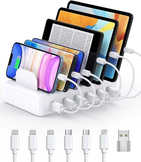 Multi Charger Station with 6 USB Ports & 6 Cables, Charging Dock for Apple Android Phone iPad Kindle Tablet and Other Electronics Ipad Charging Station, Charging Station Organizer, Kindle Tablet, Cell Phone Charging Station, Phone Charging Station, Apple Charger, Charger Station, Charging Stations, Power Banks