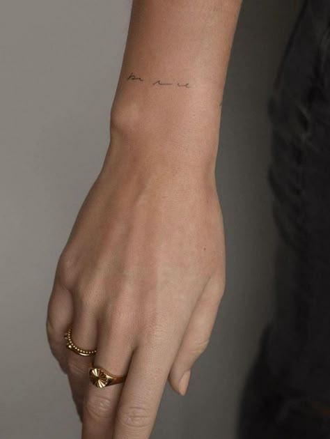 With You Tattoo, Tiny Word Tattoo Placement, Upper Wrist Tattoos For Women, Sadie Robertson Tattoo, Top Of Wrist Tattoos, Writer Tattoo, Small Wrist Tattoo, Tattoo Ideas Minimalist, Wrist Tattoo Designs