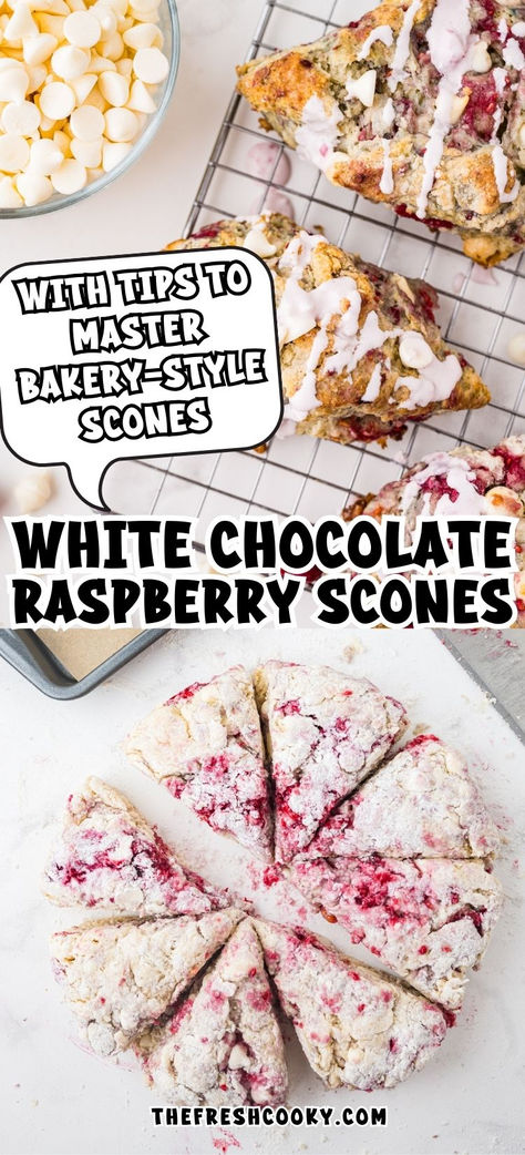 Baked white chocolate raspberry scones on cooling rack and unbaked scones on cutting board. Raspberry Scones Recipe White Chocolate, White Chocolate Raspberry Scones Recipes, Scones Flavor Ideas, Protein Scones Recipe, Homemade Scones Recipes Easy, Scones Chocolate Chip, Biscuits Air Fryer, Raspberry Scones Recipe, Sourdough Treats