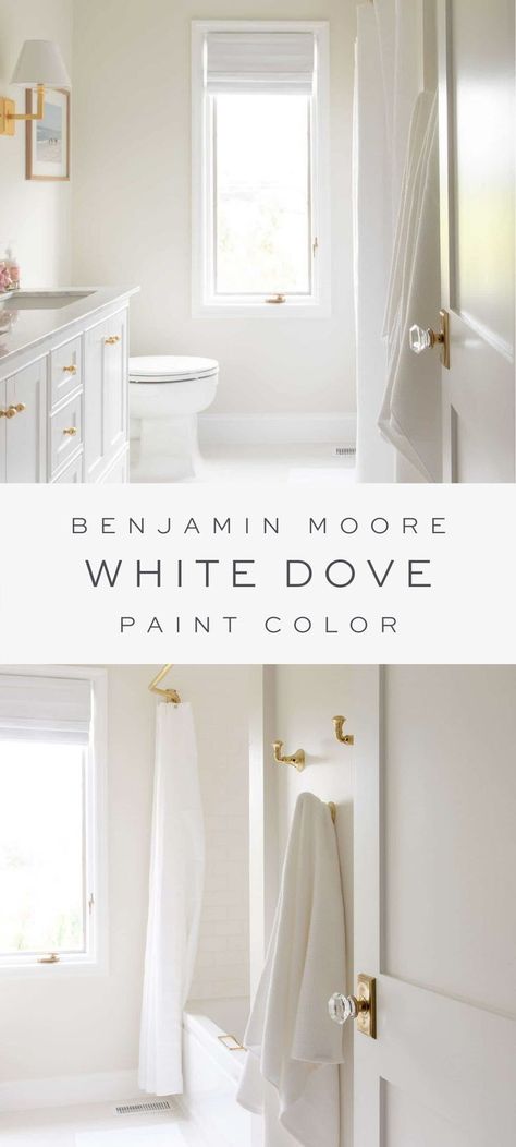 Benjamin Moore White Dove is a paint color that is tried and true. Beloved by homeowners and interior designers alike, this is a warm white paint that you can use with confidence – read on to find out why! White Bathroom Colors, White Dove Benjamin Moore, White Interior Paint, White Bathroom Paint, Dove Painting, Benjamin Moore White, Best White Paint, White Paint Colors, White Dove