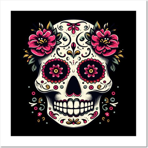 Dia de los muertos sugar skull flowers -- Choose from our vast selection of art prints and posters to match with your desired size to make the perfect print or poster. Pick your favorite: Movies, TV Shows, Art, and so much more! Available in mini, small, medium, large, and extra-large depending on the design. For men, women, and children. Perfect for decoration. Day Of The Dead Coloring Pages, Sugar Skull Art Painting, Mexican Skull Art, Sugar Skull Crafts, Mexican Folklore, Skull Flowers, Skull Crafts, Mexican Skull, Mexican Sugar Skull