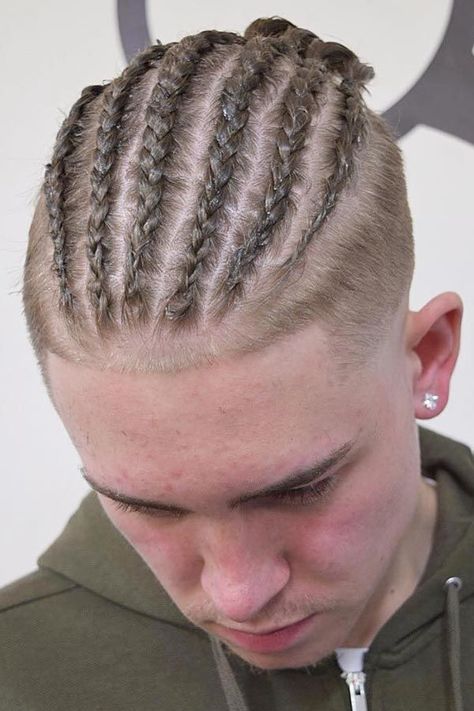 A Photo Gallery Of Man Bun Braids Hairstyles #undercut #manbraid #manbun #braidsformen #cornrows ★Want to try on man bun braids and looking for some inspiration? In our gallery, you'll find the most elaborate design ideas that suit everyone, from white to black men. Choose the style that matches your tastes and preferences, be it a short hair braided top knot or undercut cornrow bun. ★  #menshaircuts #menshairstyles White Boy Cornrows, Short Hair Braids Men, White Boy Braids, Cornrows For Men Short Hair, White Men Braids, Men’s Braided Hairstyles, White Guy With Braids, Braids On Men, Cornrow Bun