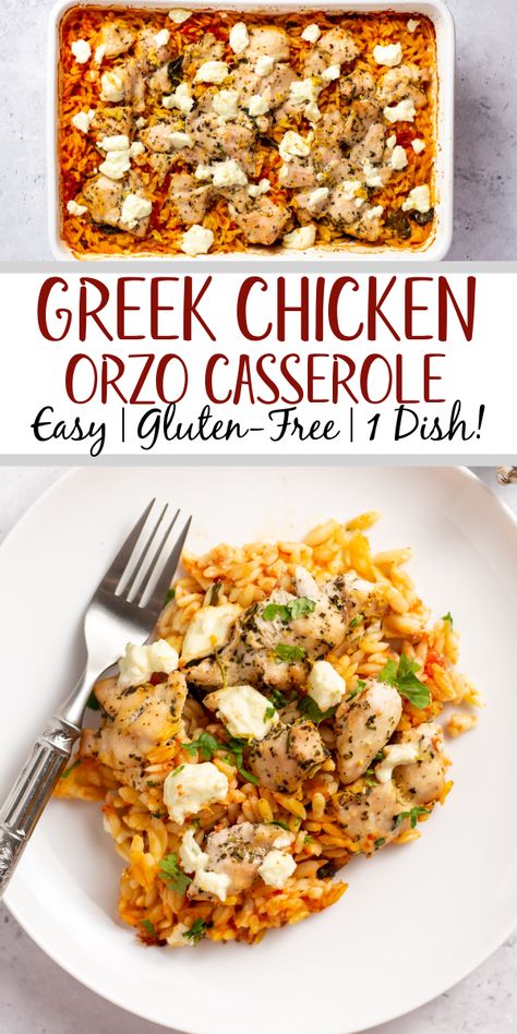 This Greek chicken orzo bake is a really easy and delicious pasta casserole recipe that is made with seasoned chicken, tomatoes, spinach, lemon and plenty of feta! It's simple to make gluten-free, uses few ingredients, and reheats well so you can use this not only as a weeknight dinner, but as a meal prep recipe as well. #pastabake #chickencasserole #chickenpastabake #greekchicken #orzochicken Greek Chicken With Orzo Recipes, Healthy Crowd Meals, Easy Healthy Meal Prep Casserole, Mediterranean Woe Recipes, Orzo Chicken Spinach Recipes, Ttc Dinner Recipes, May Meals, Mediterranean Casserole Recipes Healthy, Soft Food Dinner Ideas Healthy Recipes