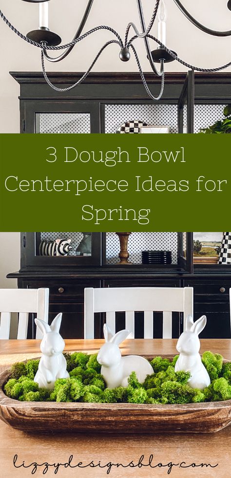 Find out three different ways to create a centerpiece using a dough bowl for spring and Easter Dough Board Decor, Dough Bowl Mantle Decor, Bread Bowls Decor, Dough Bowl Centerpiece For Easter, Bread Bowl Decor Centerpieces Spring, Dough Bowls Ideas, Decorate Long Dough Bowl, How To Decorate With Dough Bowls, Dough Bowl Decor Spring