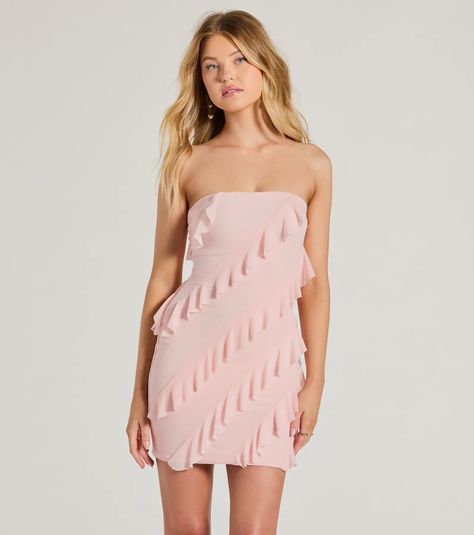 Be the center of attention in this sultry strapless mesh mini dress! It features a strapless neckline with non-slip grip lining, and a ruffled trim adds a flirty touch while the bodycon silhouette highlights your curves down to the mini-length hem. Complete the look in heels and teardrop earrings.Fit & FeaturesStrapless necklineNon-slip grip liningSide zipper and hook-eye closureRuffle trim, bodycon silhouetteMini-length hemMesh fabric, sewn-in knit lining, moderate stretchRuns true to size Gold Strapless Hoco Dress, Strapless Ruffle Mini Dress, Ruffle Detail Dress, Homecoming Dresses Ruffles, Homecoming Dresses For Brunettes, Fancy Hoco Dresses, Ruffle Hoco Dress, Homecoming Dresses Ideas, Pink Hoco Dress