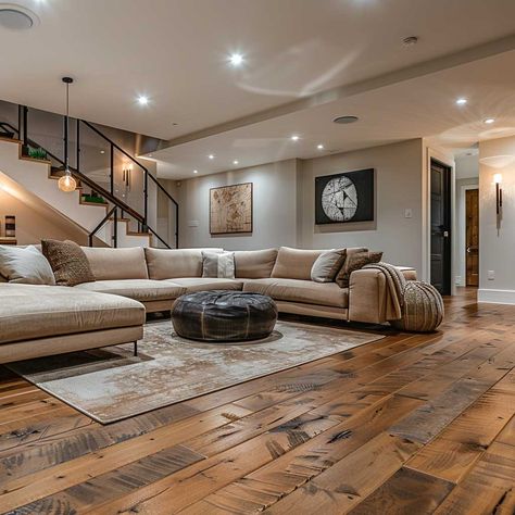 10 Stunning Basement Flooring Ideas with Engineered Hardwood • 333+ Inspiring Lifestyle Ideas Mix Match Flooring Ideas, Basement Floor And Wall Color, Basement Wood Floor, House With Grey Floors, Finished Basement Flooring, Basement Layout Ideas Floor Plans, Dream Basement Ideas, Basement Adu, Daylight Basement Ideas