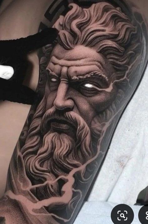 Hades Tattoo Design Greek Mythology, Zeus Tattoo Design Ideas, Zeus Tattoos, Zeus Tattoo Design, Shoulder Cover Up Tattoos, Mens Body Tattoos, Arm Tattoos For Guys Forearm, Outer Forearm Tattoo, Poseidon Tattoo