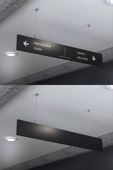 Usually, we see very artistic and modern wayfinding signage inside museums or art galleries which are really helpful to find the places. With today’s free design resource you can design your own directional signage, download this beautiful Free Hanging Direction Sign Mockup which is featured a black directional sign hanging with steel wire on the realistic background. #free #mockup #psdmockup #hangingsign #signboardmockup #wayfinding #directionsign #design #signagemockup signboardmockup Hanging Directional Signage, Sign Direction Design, Bank Signage Design, Way Finding Design Signs, Hanging Shop Sign, Way Finding Signage Design, Interior Wayfinding Signage, Museum Design Interior, Hanging Signage Design