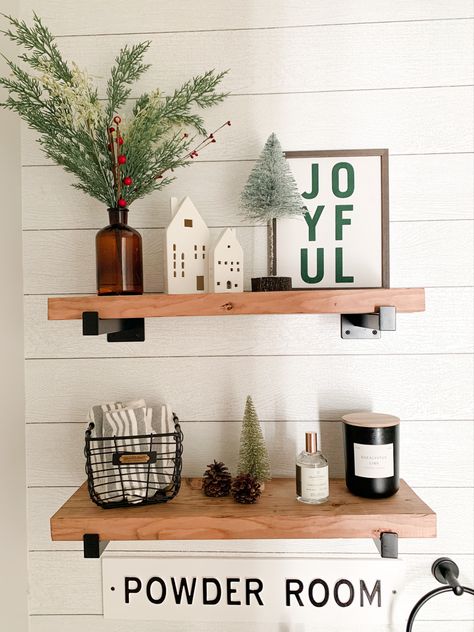 Neutral Christmas shelf decor idea Restroom Decor Ideas, Christmas Decor Shelf, Decorating Bathroom Shelves, Target Christmas Decor, Decor After Christmas, Fixer Upper Farmhouse, Cozy Christmas Living Room, Christmas Decorations Apartment, Bathroom Shelf Decor