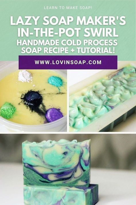 Learn how to make the Lazy Soap Maker’s In-The-Pot Soap Swirl with this handmade cold process soap design tutorial over on the Lovin Soap blog! I’ll walk you through the design technique, step-by-step, with pics! I’ve also linked to some of my other posts with recipes and regular In-The-Pot swirl designs. This one is great if you don’t like doing so many dishes! Click through to the blog, and Happy Soap Making! Cold Process Soap Techniques, Soap Making For Beginners, Cold Process Soap Designs, Natural Soaps Recipes, Homemade Soap Bars, Easy Soap Recipes, Diy Soap Recipe, Soap Design, Handmade Soap Recipes