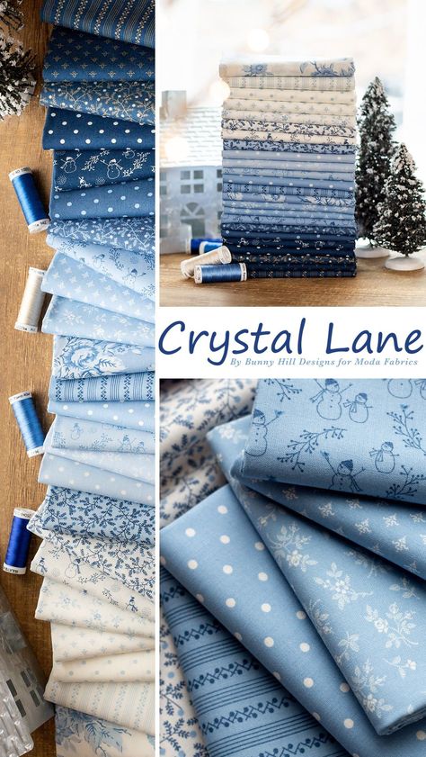 Crystal Lane by Bunny Hill Designs for Moda Fabrics is a wonderful blend of floral prints, snowman prints, ditsy prints, stripes, and polka dots in Winter White, Cashmere Blue, French Blue, Crystal Blue, Winter Blue, and Nutmeg. Shop available yardage, precuts, and kits at Shabby Fabrics! Winter Fabric Prints, Colourful Palette, Moda Fabric Collections, Sewing Scarves, Designer Fabric Collections, Free Quilting Patterns, Quilt Fabric Collections, Winter Blue, Blue French