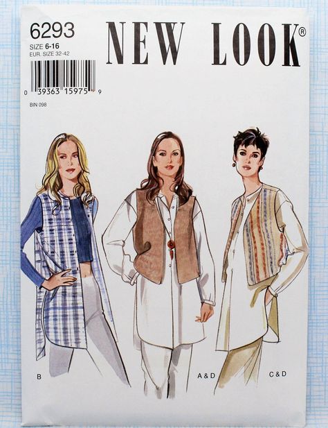 New Look Sewing Pattern 6293, Misses' Loose-fitting Shirt, Cropped Vest and Waistcoat, Uncut/FF, Misses' Size 6 8 10 12 14 16 Unique Sewing Patterns, Diy Skirts, Tops Sewing, Diy Pants, Vest Sewing Pattern, Pattern Sheets, Loose Vest, Vest Waistcoat, Top Sewing Pattern