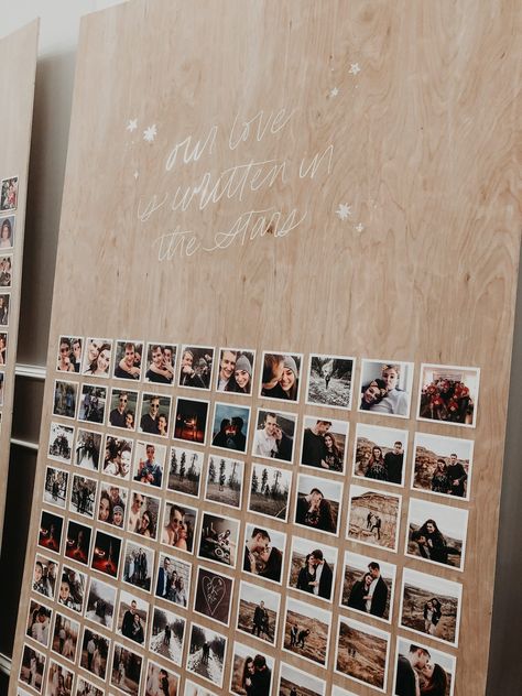 Engagement Party Ideas Photo Wall, Large Picture Display Ideas For Party, Interactive Stations Wedding, Polaroid Photo Wall Wedding, Outdoor Photo Display, Wedding Picture Wall Display Receptions, Photo Wall Engagement Party, Picture Wall Ideas Wedding, Engagement Party Photo Display